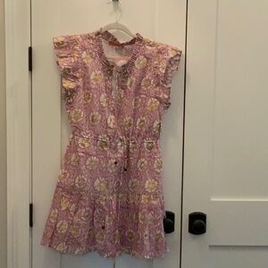 Floral Pink Ruffle Dress. Oliphant Cinched Waist Mini Dress Size M